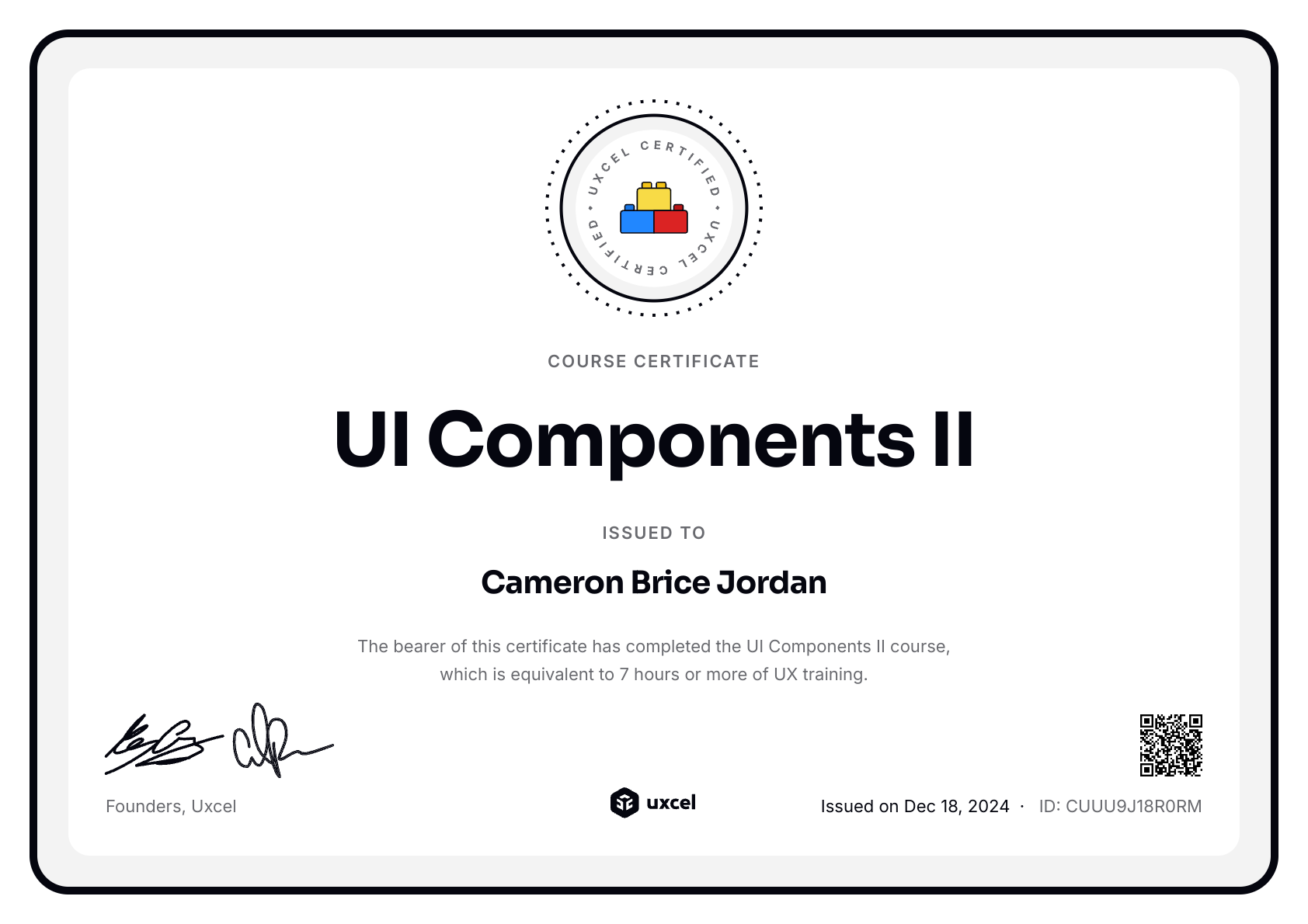 Cameron Brice Jordan's certificate